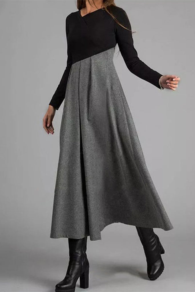 British Style Elegant Patchwork Contrast O Neck A Line Dresses(3 Colors)
