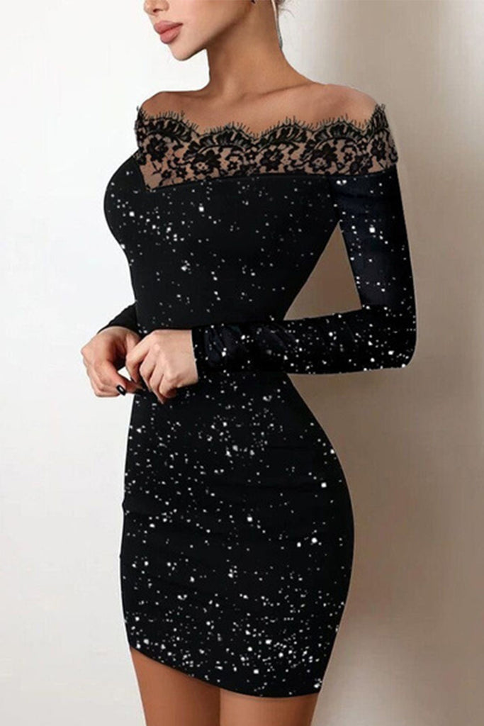 Sexy Elegant Solid Lace Patchwork Sequined Off the Shoulder A Line Dresses