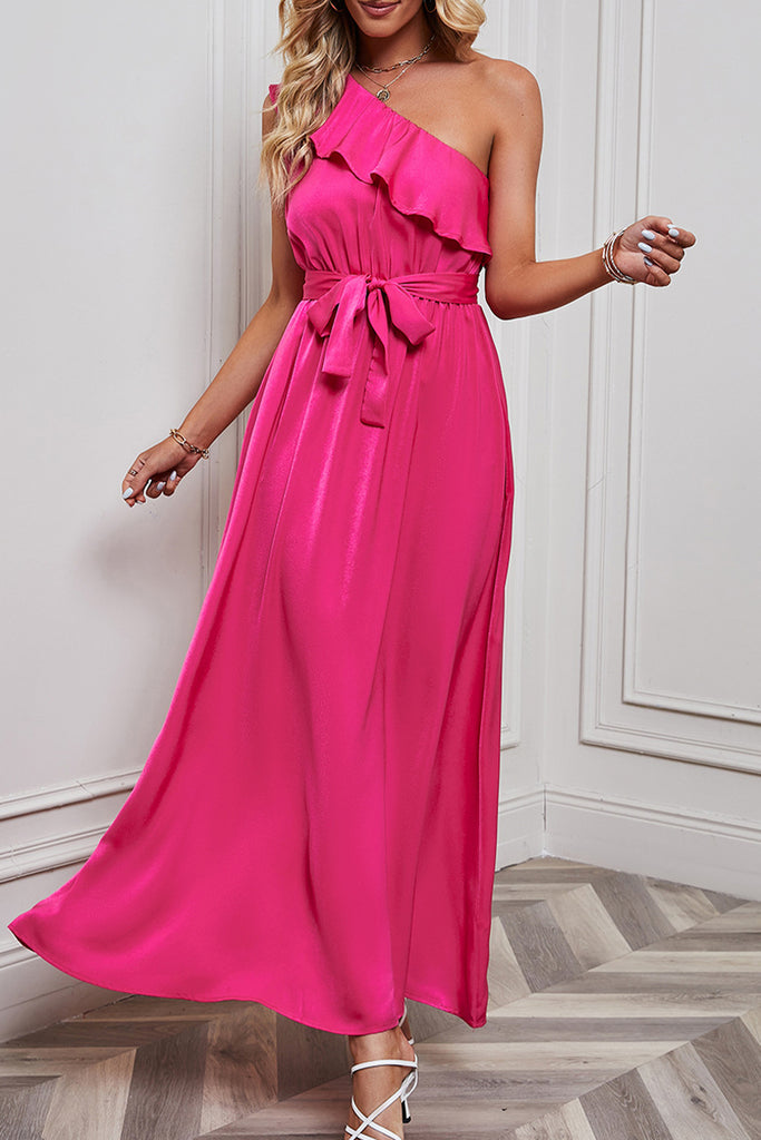 Sweet Elegant Solid Flounce Oblique Collar Irregular Dress Dresses