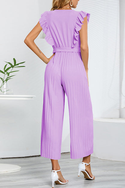 Casual Simplicity Solid With Belt V Neck Regular Jumpsuits