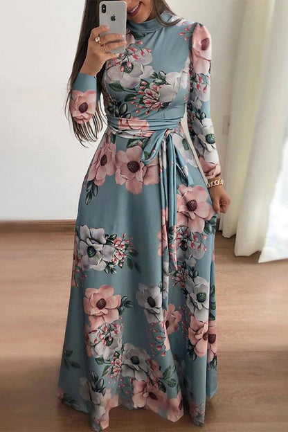 Elegant Print Patchwork Mandarin Collar Asymmetrical Dresses