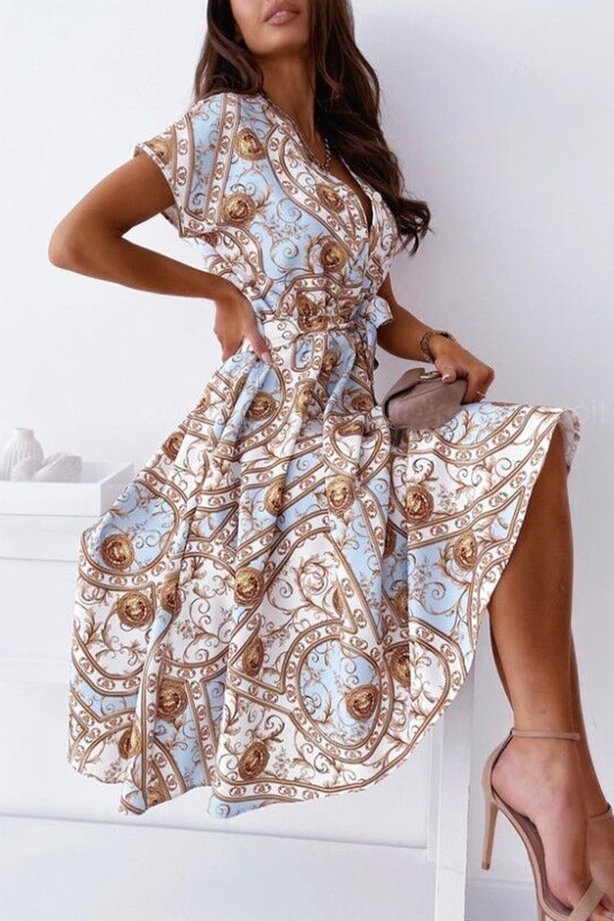 Celebrities Elegant Print Patchwork V Neck Shirt Dress Dresses