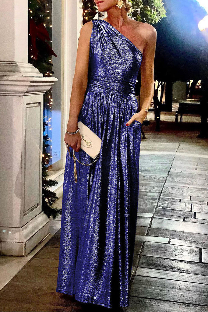 Sexy Elegant Solid Bronzing Sequined Oblique Collar Evening Dress Dresses