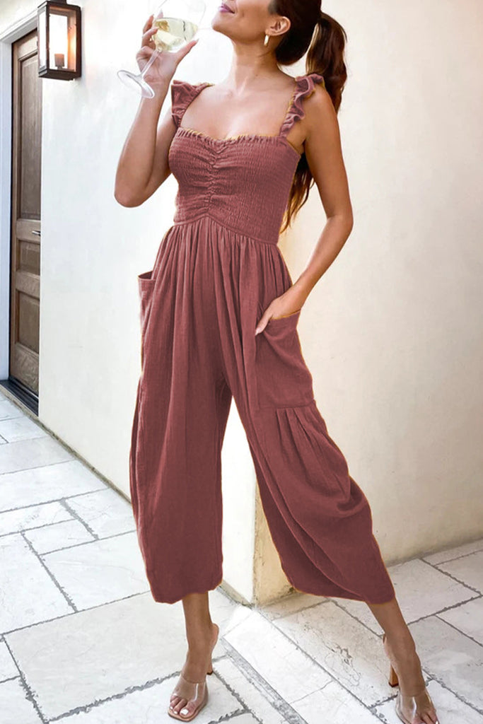 Casual Street Solid Patchwork Pocket Spaghetti Strap Straight Jumpsuits