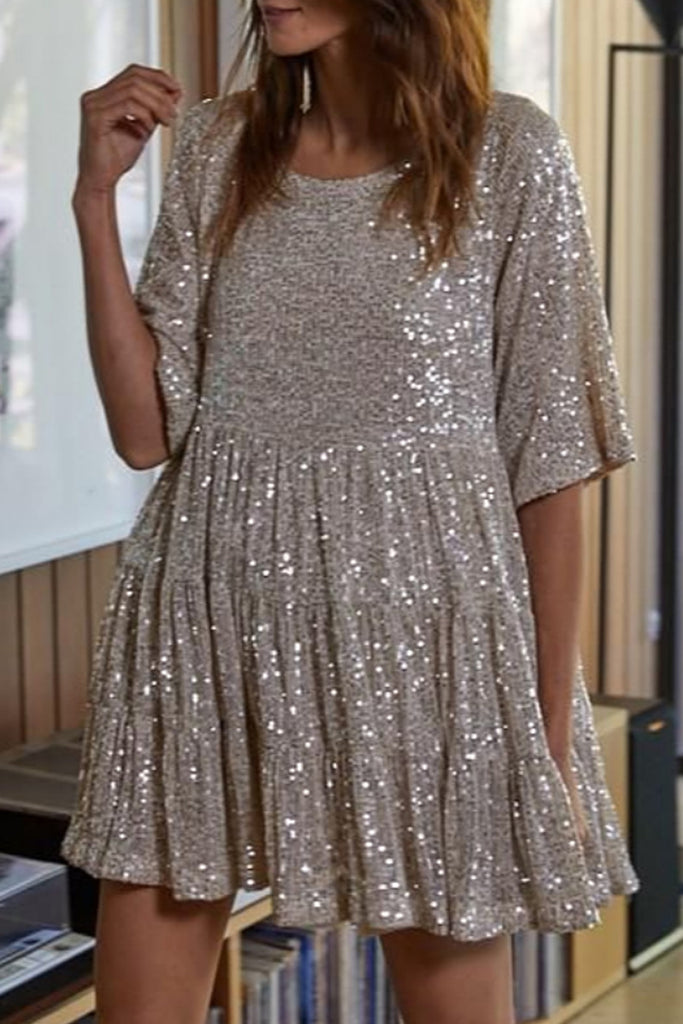 Casual Solid Sequins O Neck One Step Skirt Short Sleeve Dress