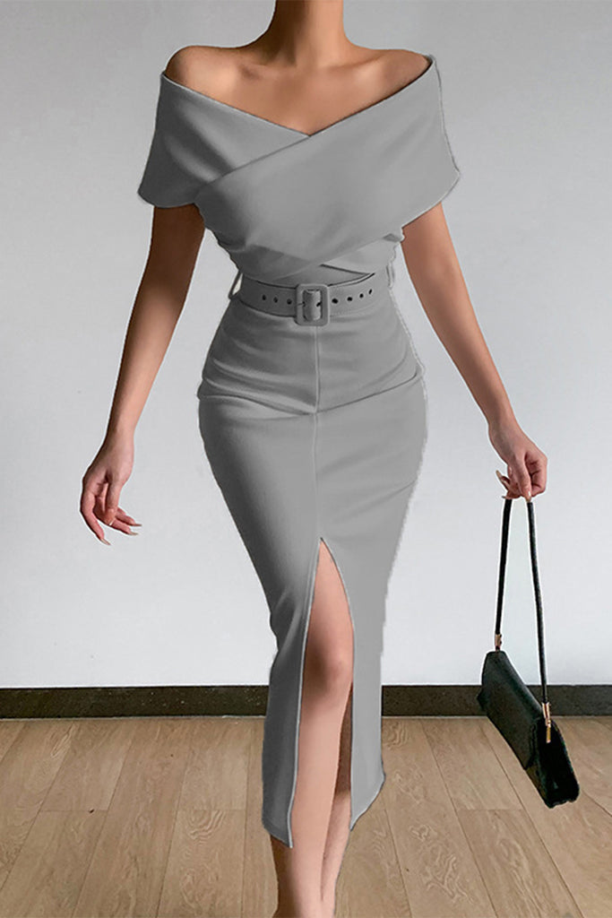 Sexy Elegant Solid With Belt V Neck One Step Skirt Dresses