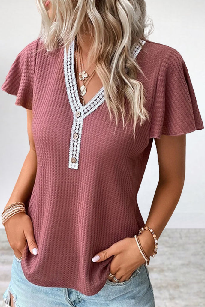 Casual Solid Patchwork V Neck T-Shirts