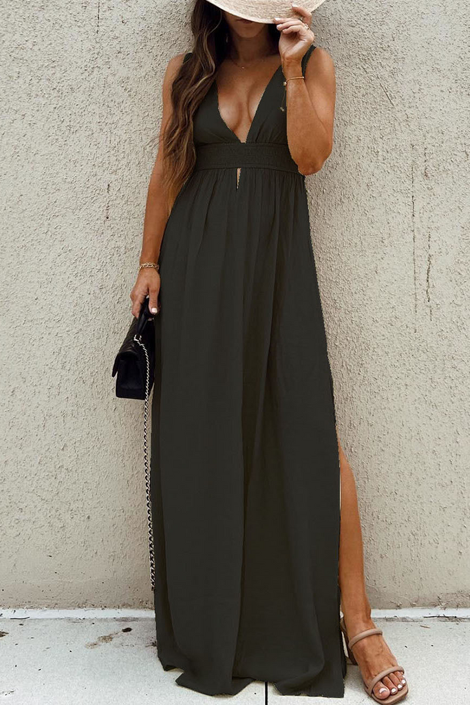Sexy Vacation Solid High Opening Fold V Neck Beach Dress Dresses