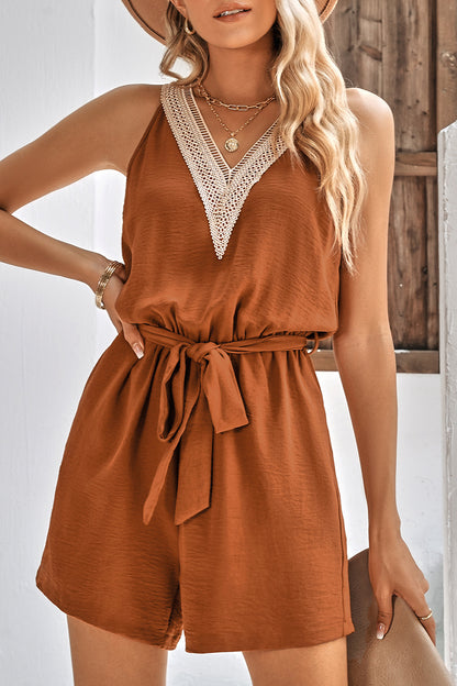 Casual Simplicity Solid Patchwork V Neck Loose Rompers