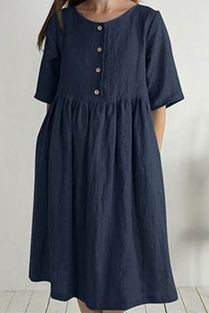 Casual Solid Buttons O Neck Short Sleeve Dress