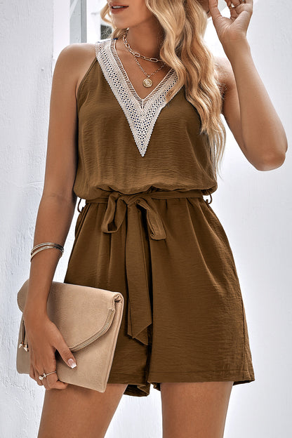 Casual Simplicity Solid Patchwork V Neck Loose Rompers