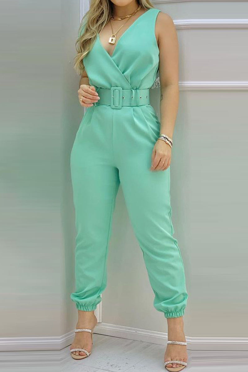 Sexy Casual Solid Backless With Belt V Neck Regular Jumpsuits(6 Colors)