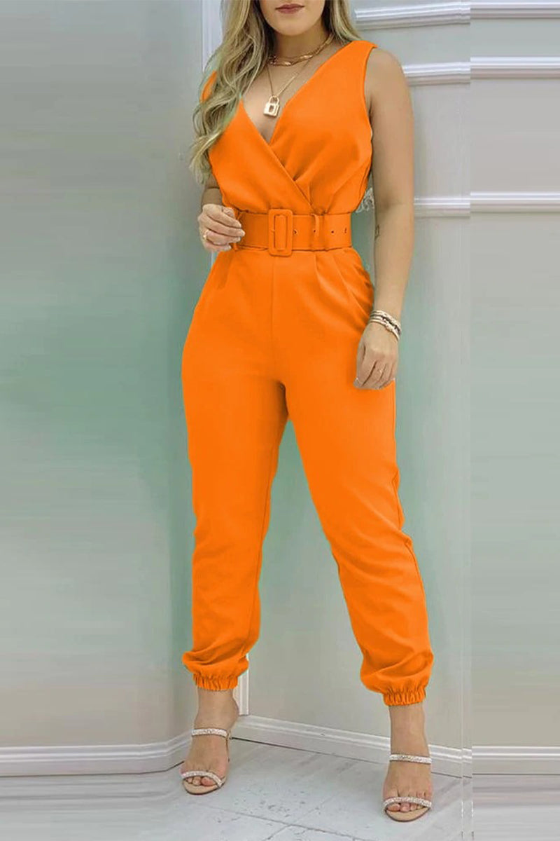 Sexy Casual Solid Backless With Belt V Neck Regular Jumpsuits(6 Colors)