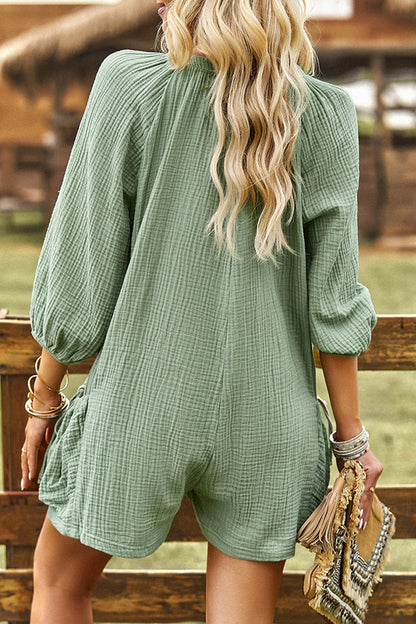 Casual Simplicity Solid Pocket Buckle O Neck Loose Rompers