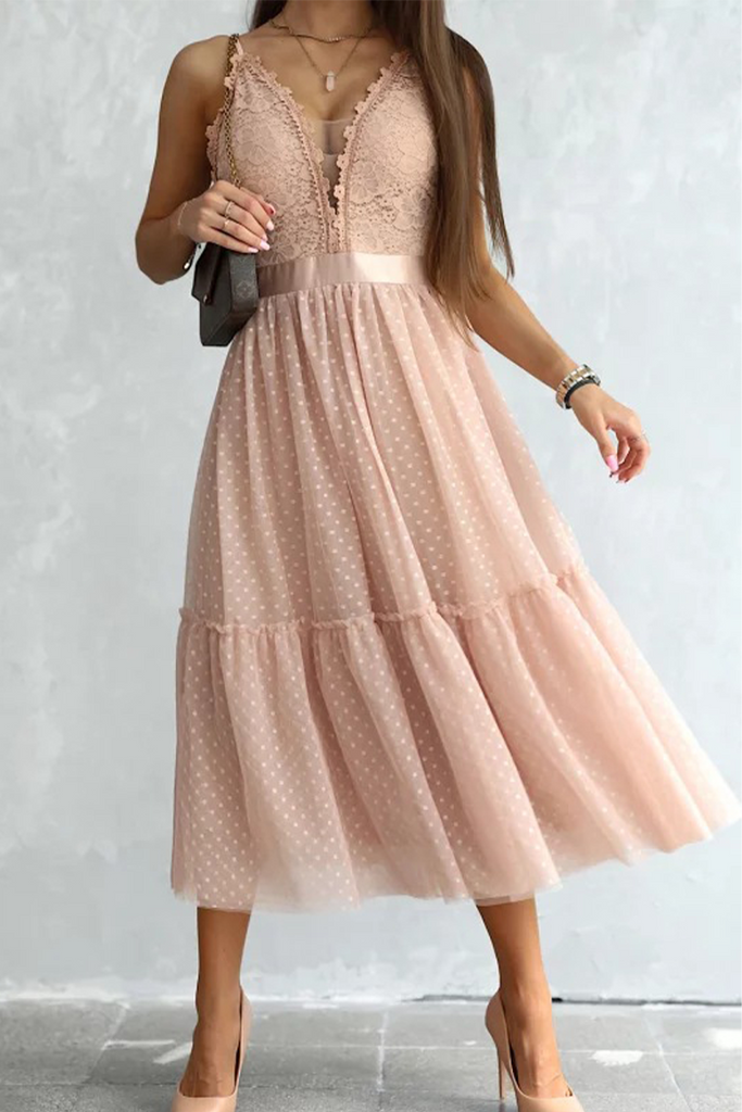 Casual Patchwork Lace Spaghetti Strap Cake Skirt Dresses