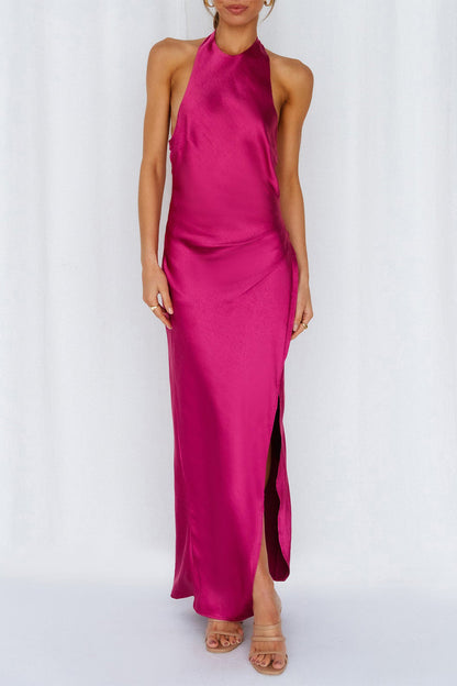 Celebrities Elegant Solid Frenulum Slit Halter Sleeveless Dress Dresses(5 Colors)