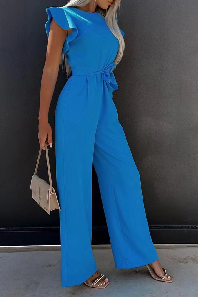 Casual Solid Flounce O Neck Straight Jumpsuits