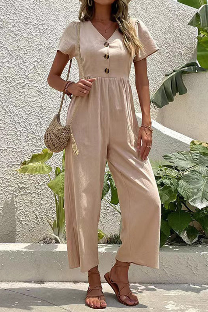 Casual Solid Buttons V Neck Loose Jumpsuits(5 Colors)