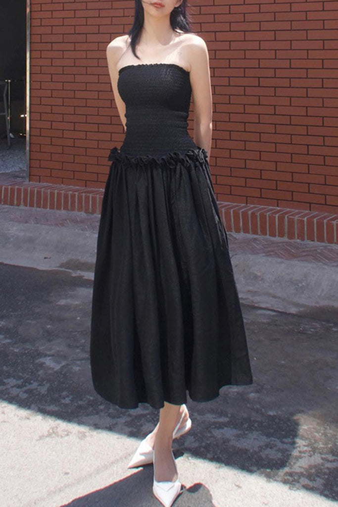 Casual Daily Solid Fold Strapless Pleated Dresses