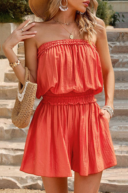 Casual Simplicity Solid Strapless Loose Rompers