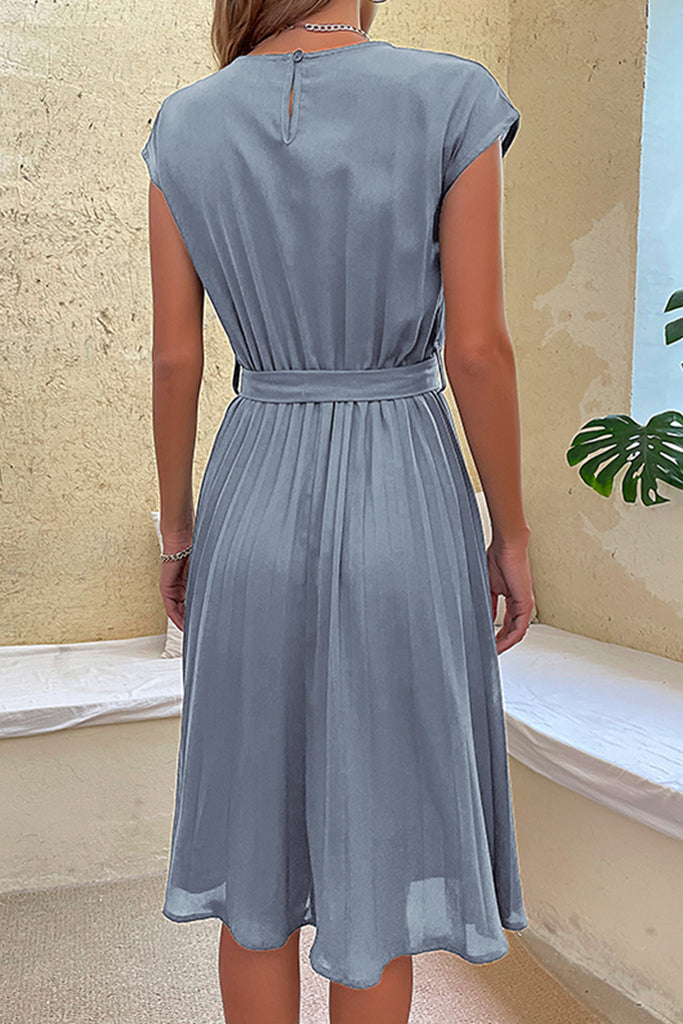 Elegant Solid Frenulum Fold O Neck Pleated Dresses