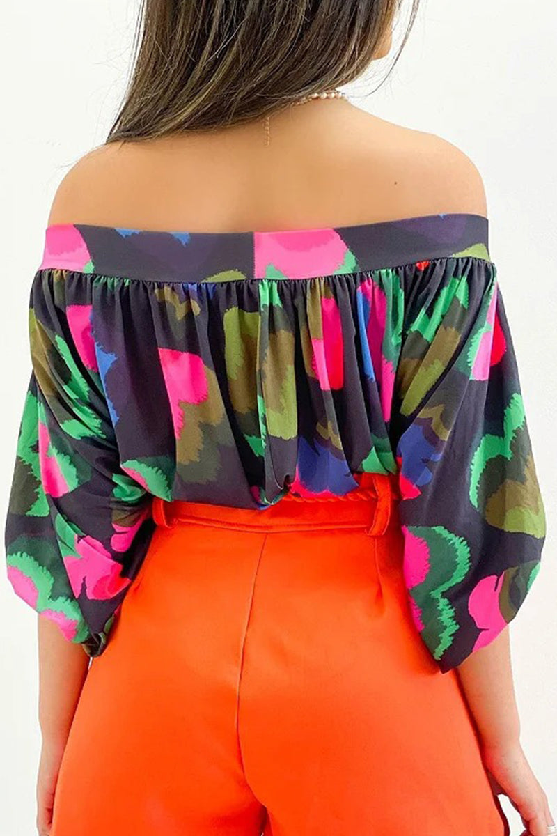 Casual Print Patchwork Off the Shoulder T-Shirts