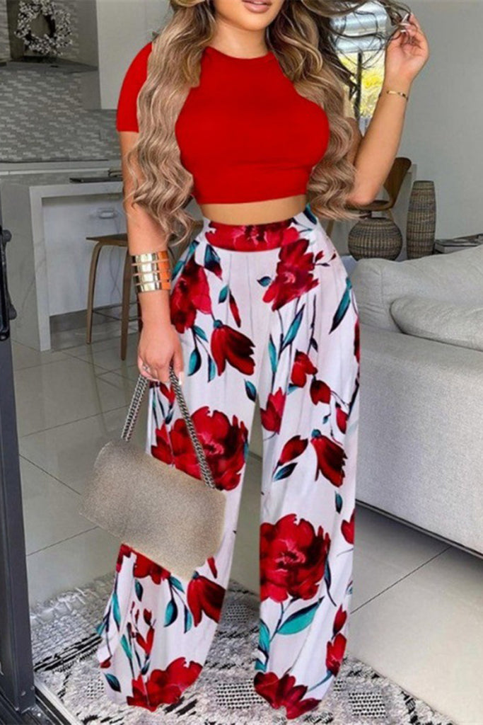 Casual Print Contrast O Neck Short Sleeve Two Pieces