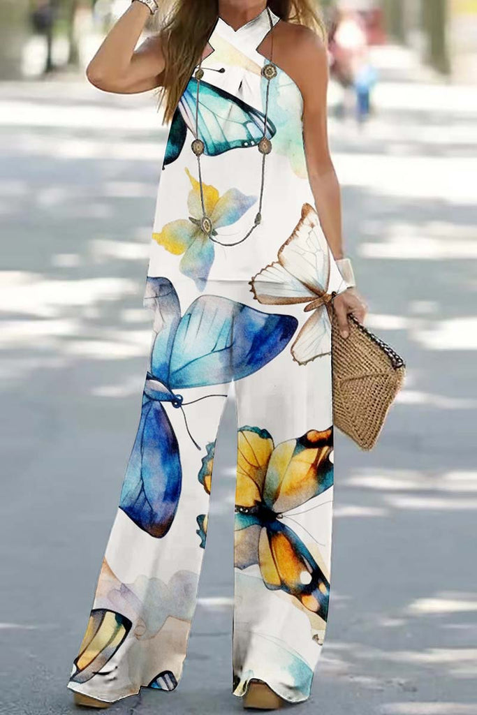 Casual Print Backless Halter Sleeveless Two Pieces