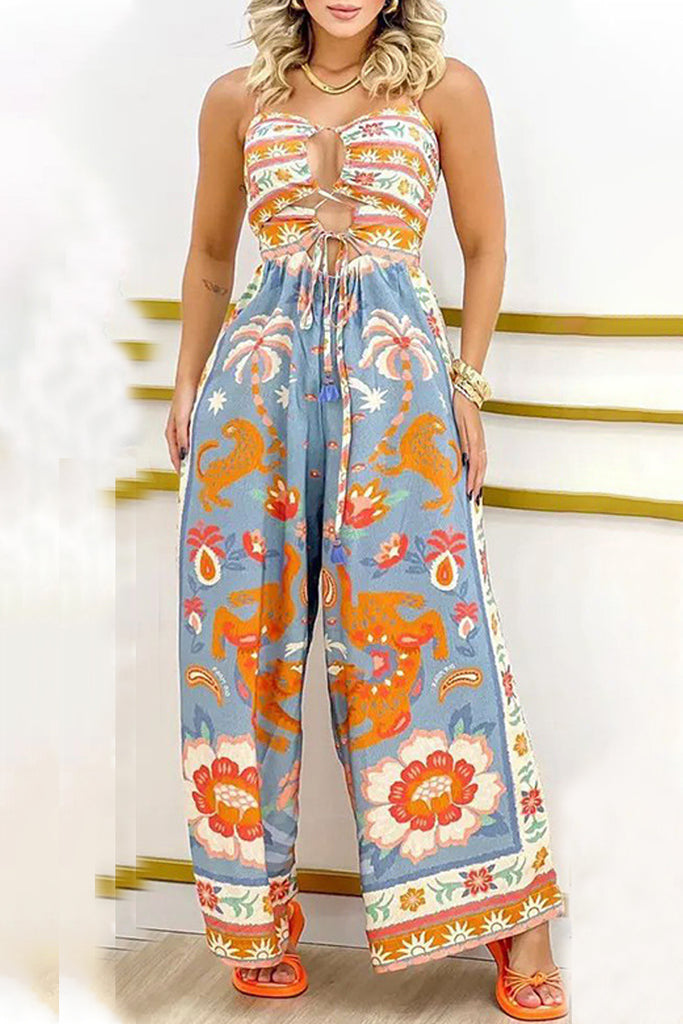 Sexy Print Hollowed Out Loose Jumpsuits