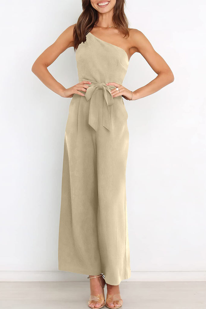 Casual Simplicity Solid Bandage Oblique Collar Straight Jumpsuits