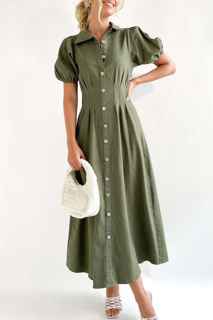 Casual Solid Buckle Turndown Collar A Line Dresses