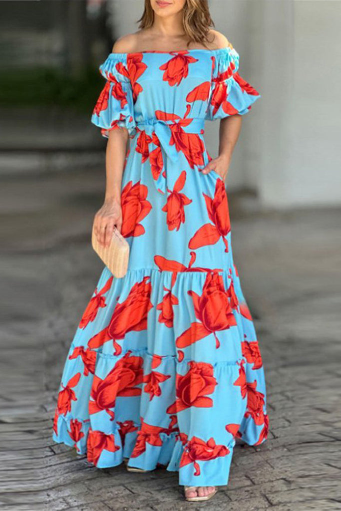 Elegant Print Flounce Fold Off the Shoulder Printed Dress Dresses