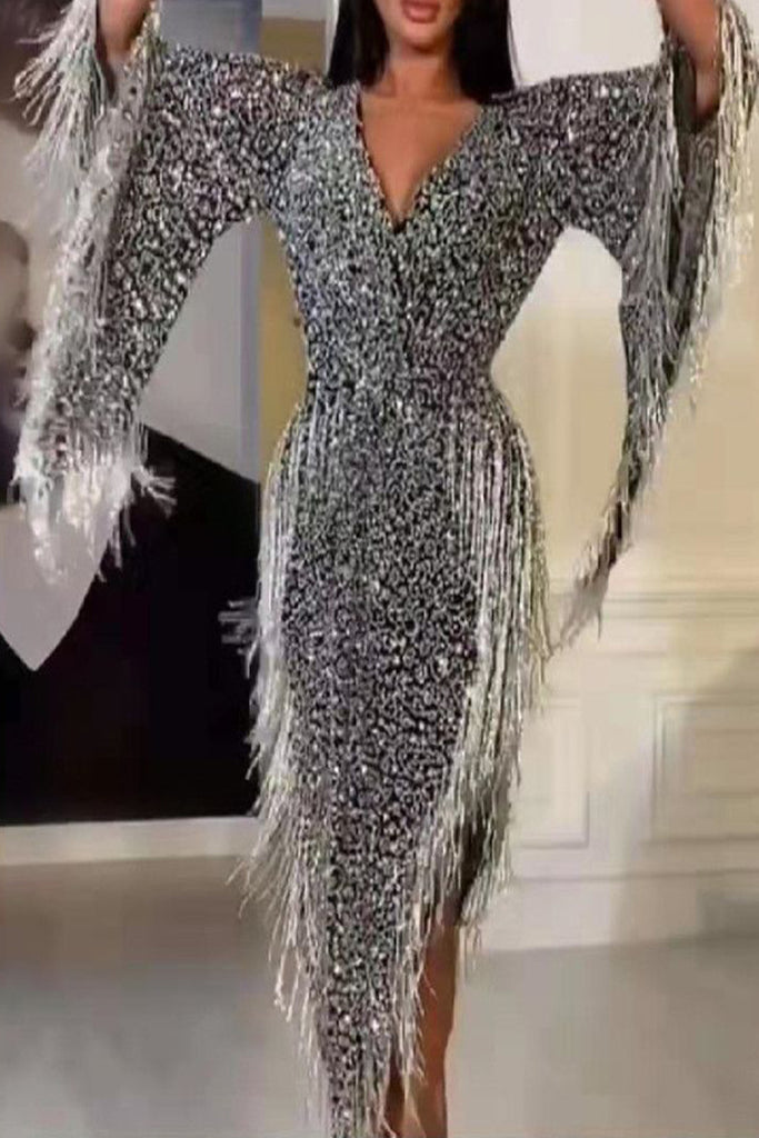 Celebrities Elegant Solid Tassel Sequined V Neck Evening Dress Dresses