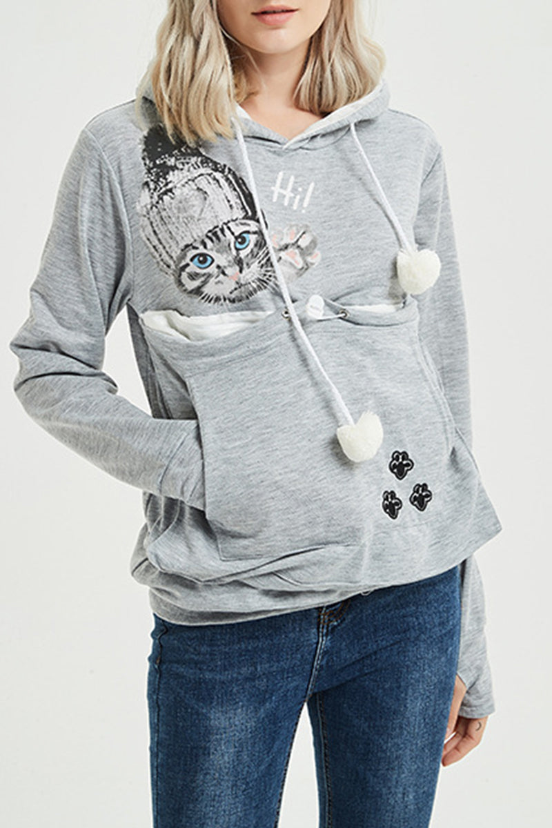 Casual Print Pocket Hooded Collar Tops