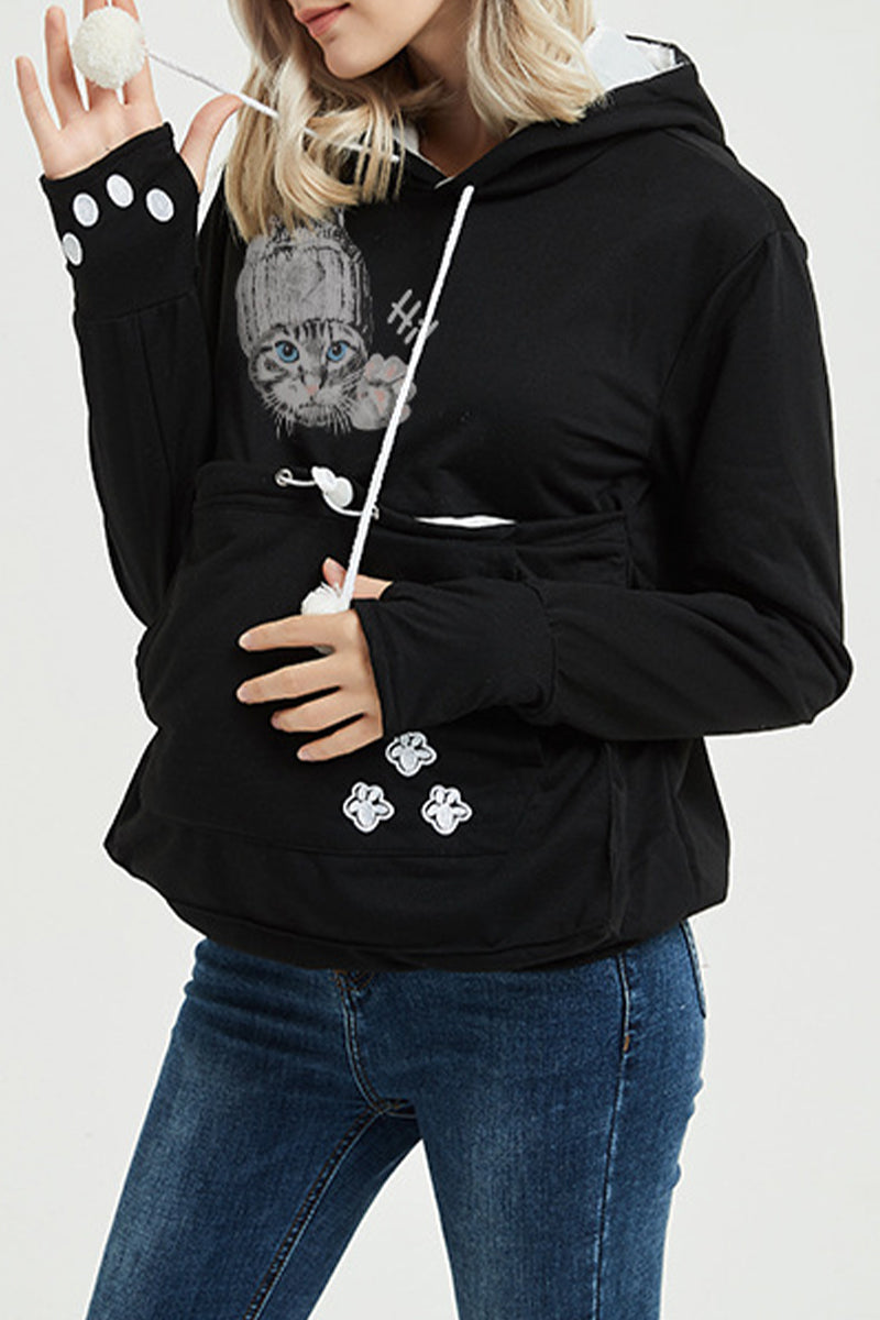 Casual Print Pocket Hooded Collar Tops