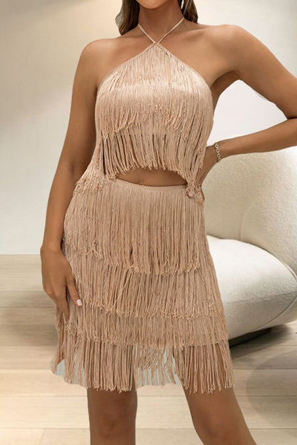 Sexy Solid Tassel Halter Sleeveless Two Pieces