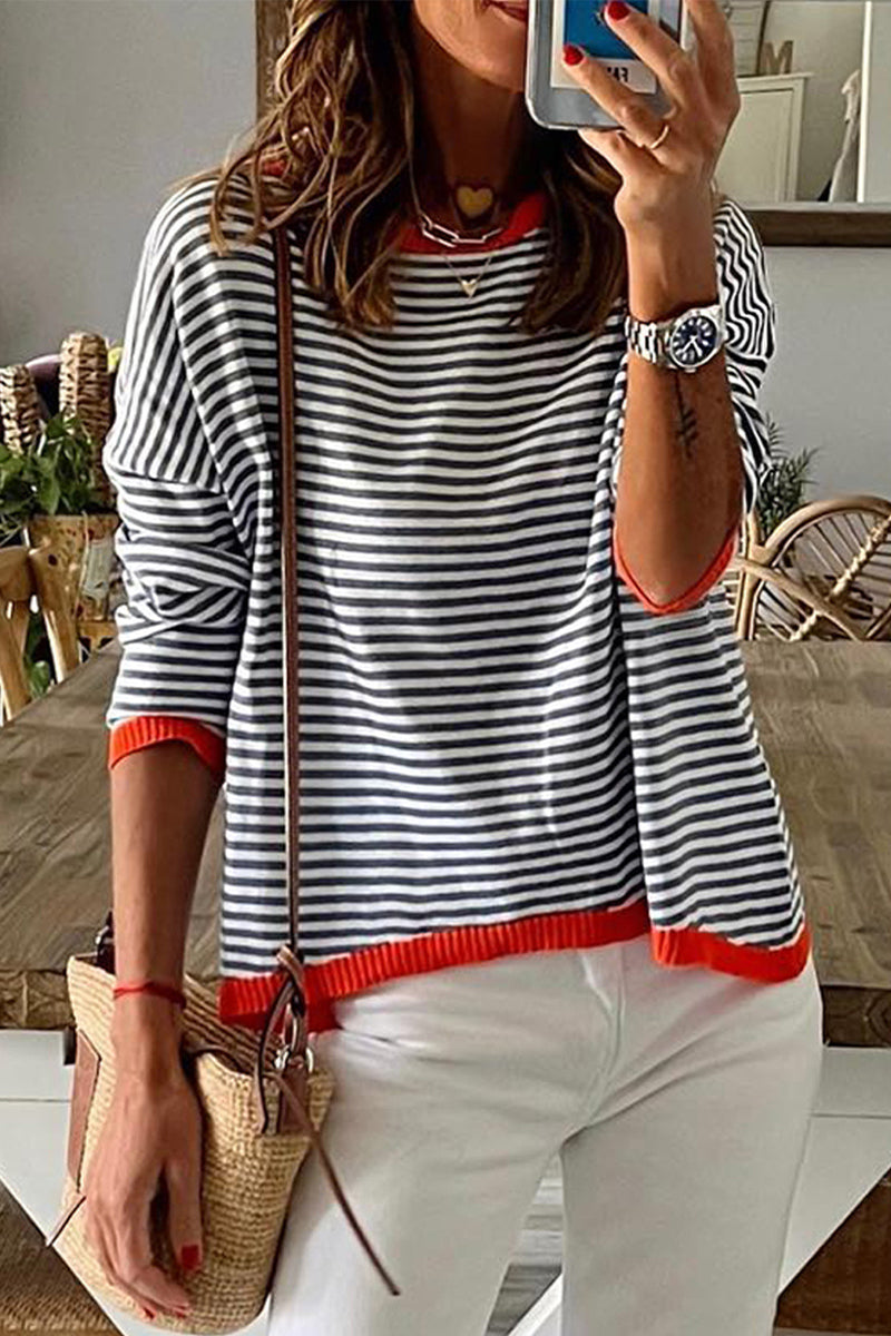 Casual Striped Contrast O Neck Sweaters
