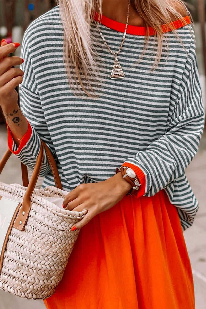 Casual Striped Contrast O Neck Sweaters