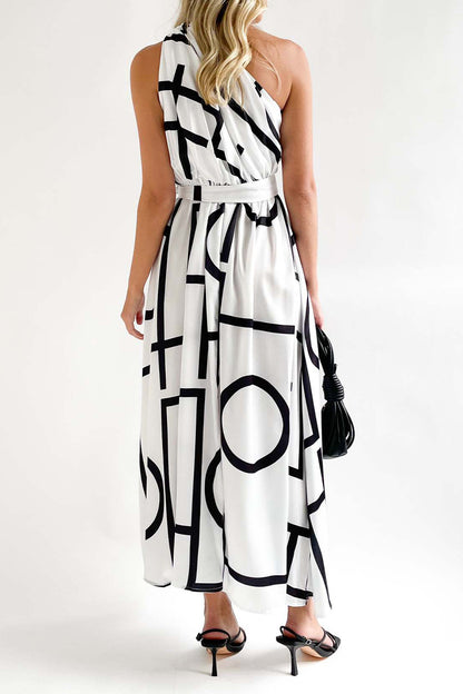 Street College Geometric Printing Oblique Collar Sleeveless Dress Dresses