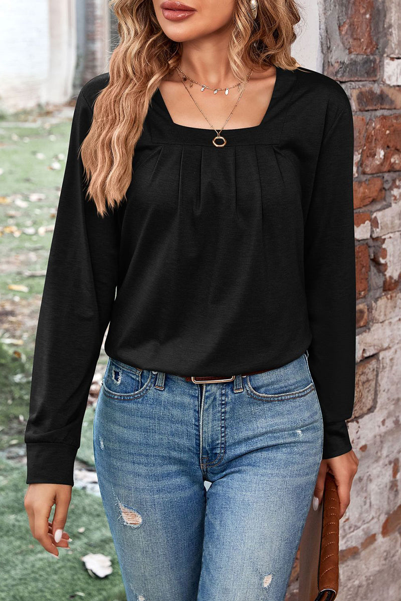 Casual Solid Fold Square Collar Tops