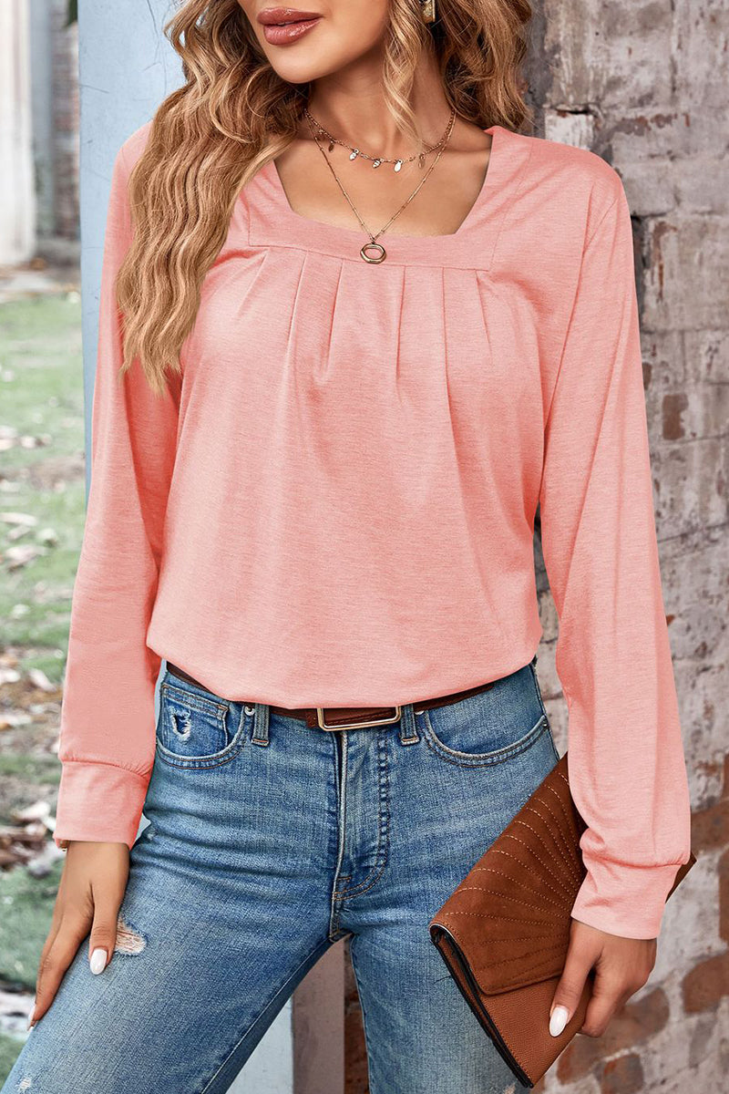 Casual Solid Fold Square Collar Tops
