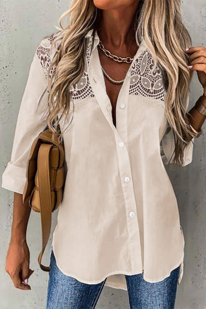 Casual Solid Lace Turndown Collar Blouses(5 Colors)