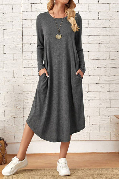 Casual Simplicity Solid Pocket O Neck Long Sleeve Dresses