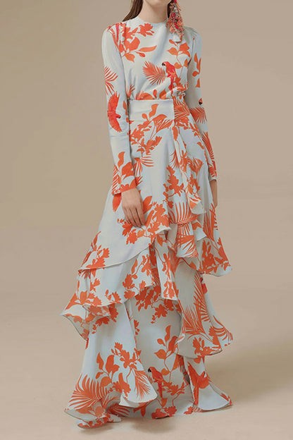 Elegant Floral Asymmetrical O Neck Irregular Dress Dresses