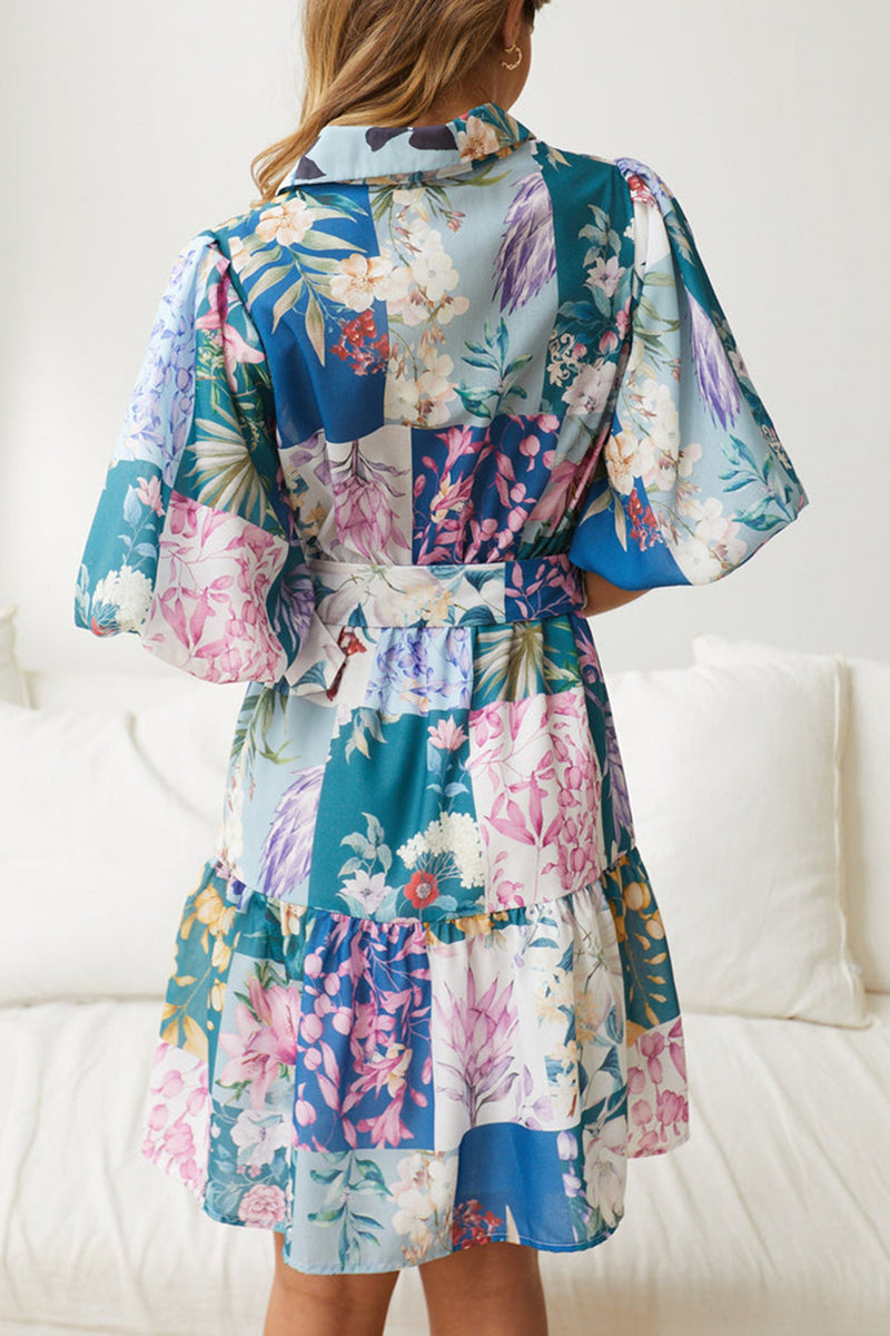 Bohemian Floral With Belt Turndown Collar A Line Dresses