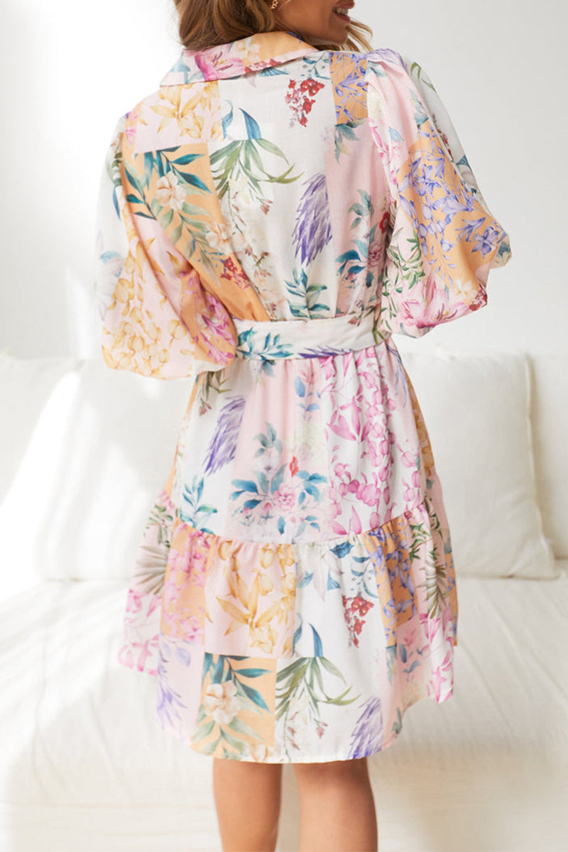 Bohemian Floral With Belt Turndown Collar A Line Dresses