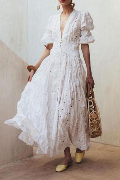 Elegant Solid Lace V Neck Waist Skirt Dresses