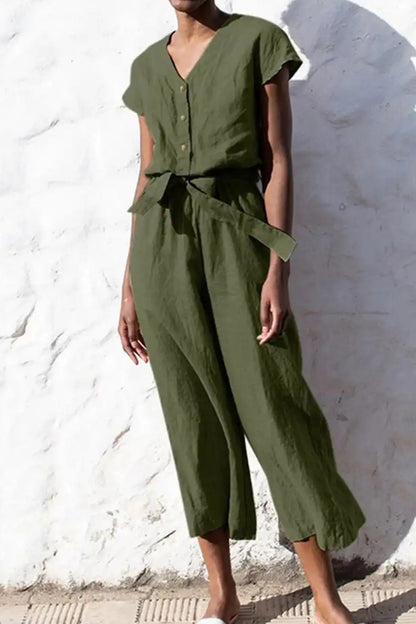 Casual British Style Solid Frenulum V Neck Loose Jumpsuits