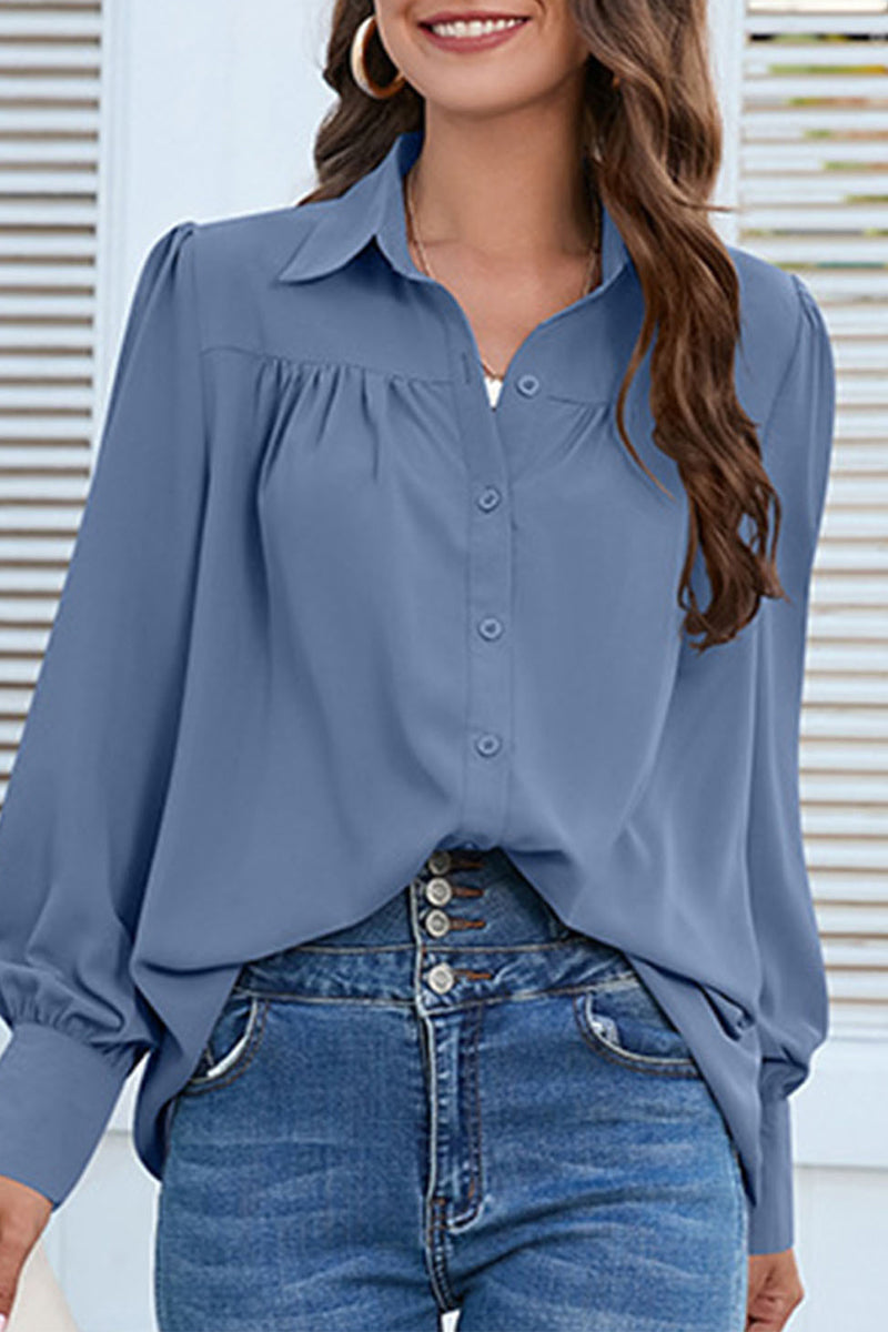 Casual Solid Buttons Shirt Collar Blouses(8 Colors)