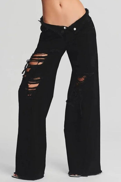 Casual Solid Ripped Patchwork Mid Waist Regular Denim Jeans (Subject To The Actual Object)